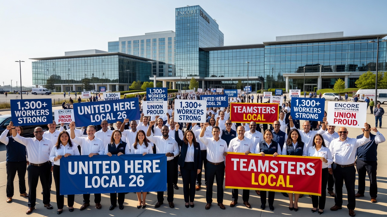 Picket line forms at the entrance to Encore Boston Harbor casino during ongoing labor dispute